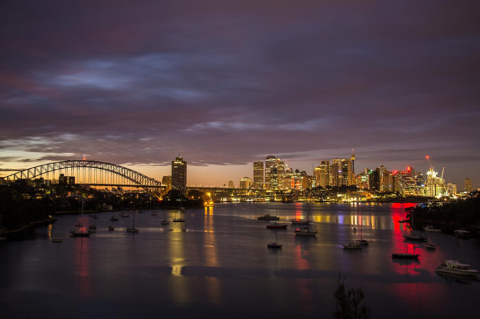 Aerial night view of Sydney Harbour