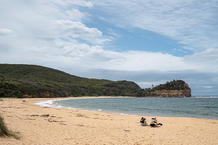 Maitland Bay in NSW featuring a secluded sandy beach, calm waters and bush-covered headlands
